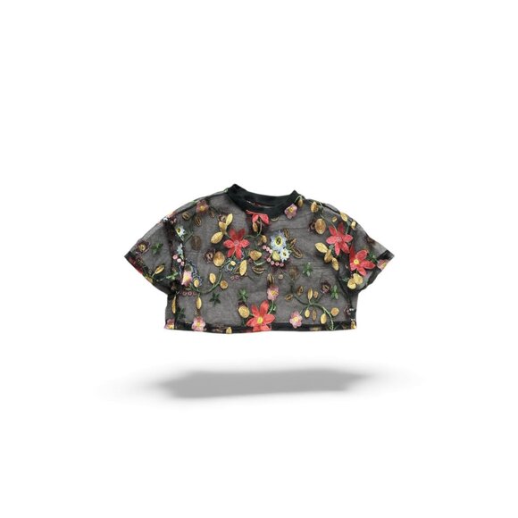SHEER EBROIDERED FLORAL CROP TOP BLACK MEDIUM TULLE TEE T-SHIRT - Picture 2 of 6